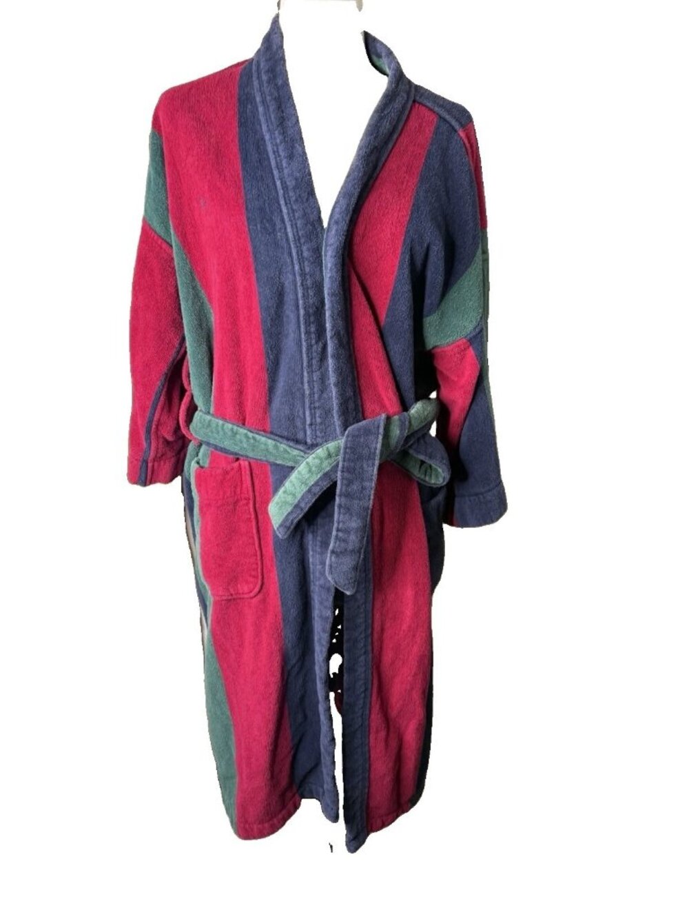 Vintage Bill Blass HEAVY Terrycloth Bath Robe Men O/S Striped Cotton Belt Retro